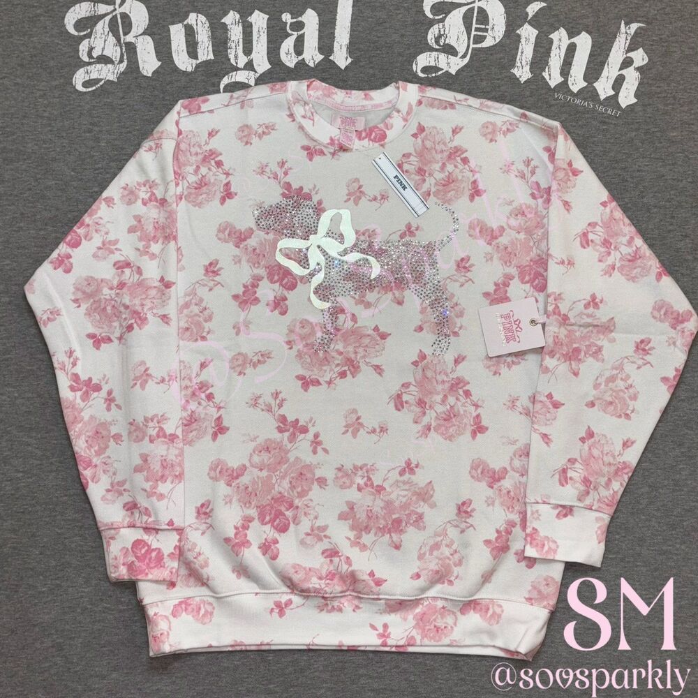 PINK x LoveShackFancy White Crewneck Pullover Sweatshirt Rhinestone Bling SM